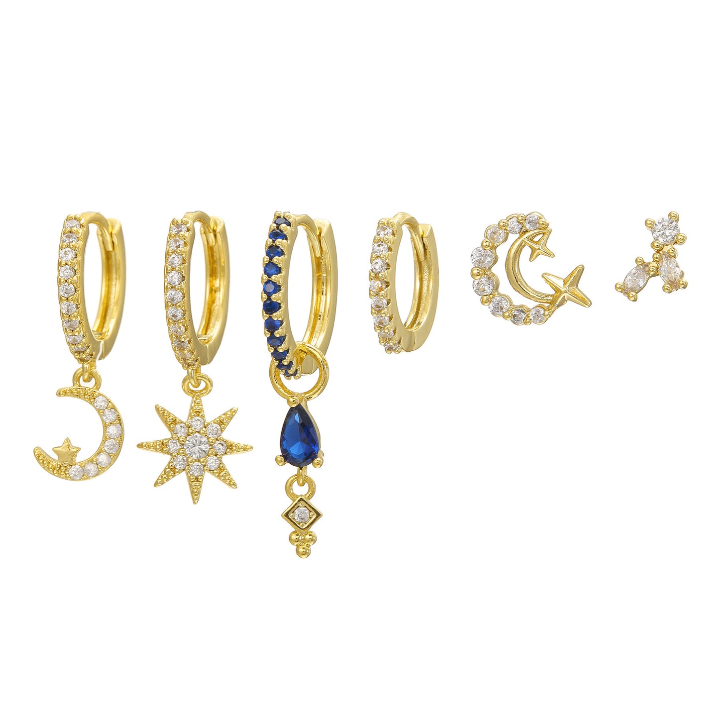 Awn Star Moon Asymmetric Full Diamond Earrings