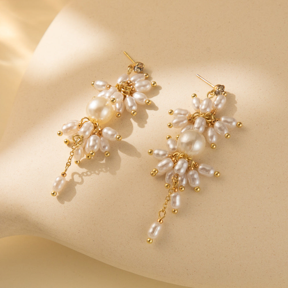 Pearl Stitching Copper Chain Eardrops Pearl Earrings