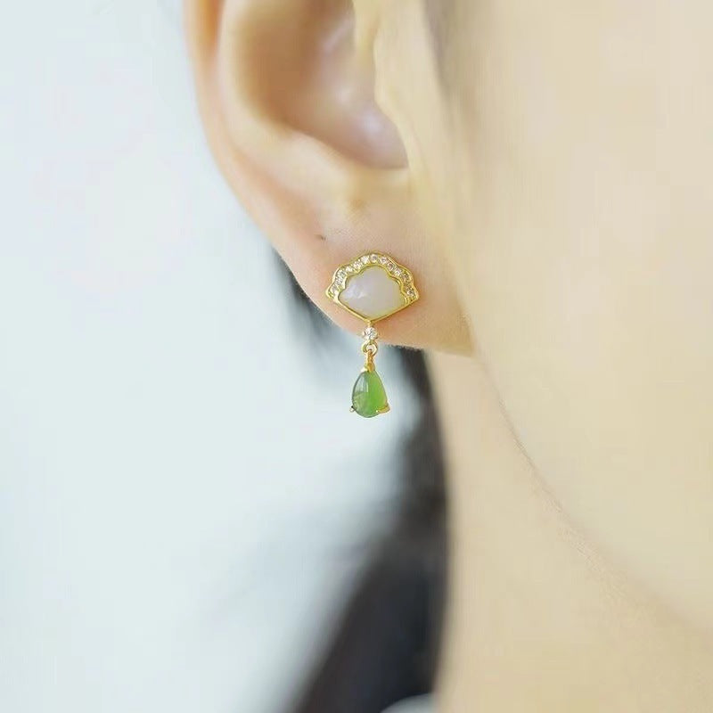 Court Style Eardrops Jade Fan Silver Plated Light Luxury Earrings