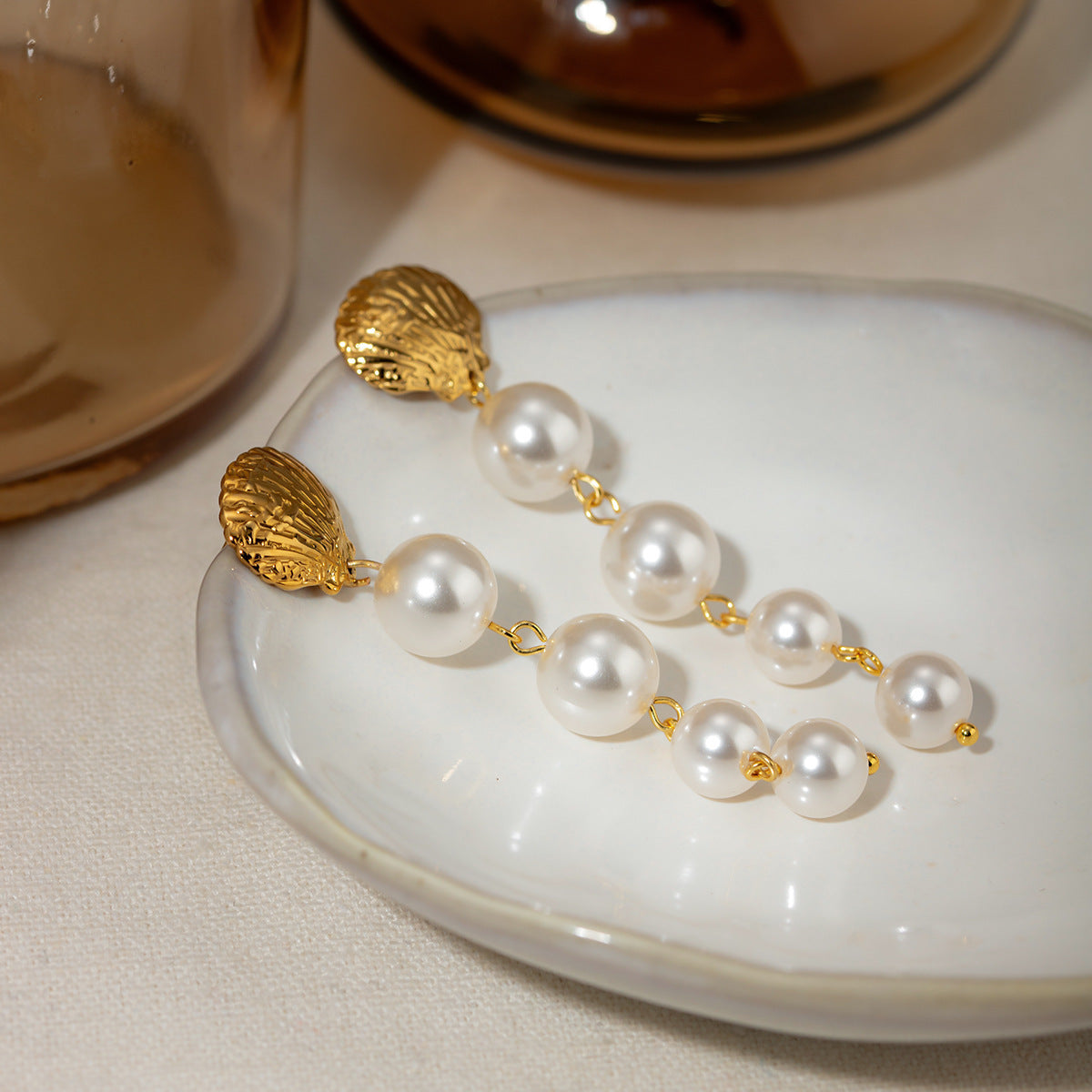 18K Gold Stainless Steel Shell Pearl Tassel Earrings
