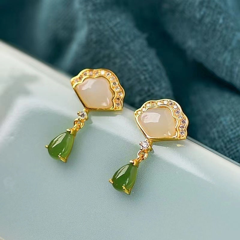Court Style Eardrops Jade Fan Silver Plated Light Luxury Earrings