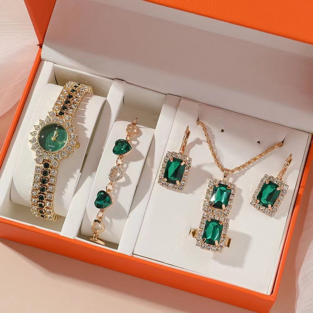 Popular Small Green Watch Women's Steel Belt Quartz Watch Ring Gift Set