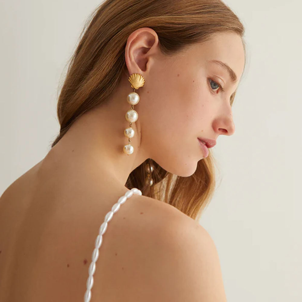 18K Gold Stainless Steel Shell Pearl Tassel Earrings