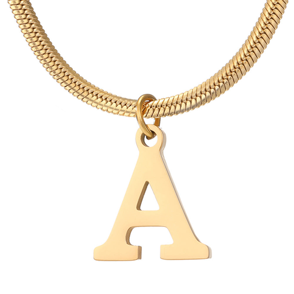 Stainless Steel 26 English Letter Pendant Flat Snake Bone Necklace