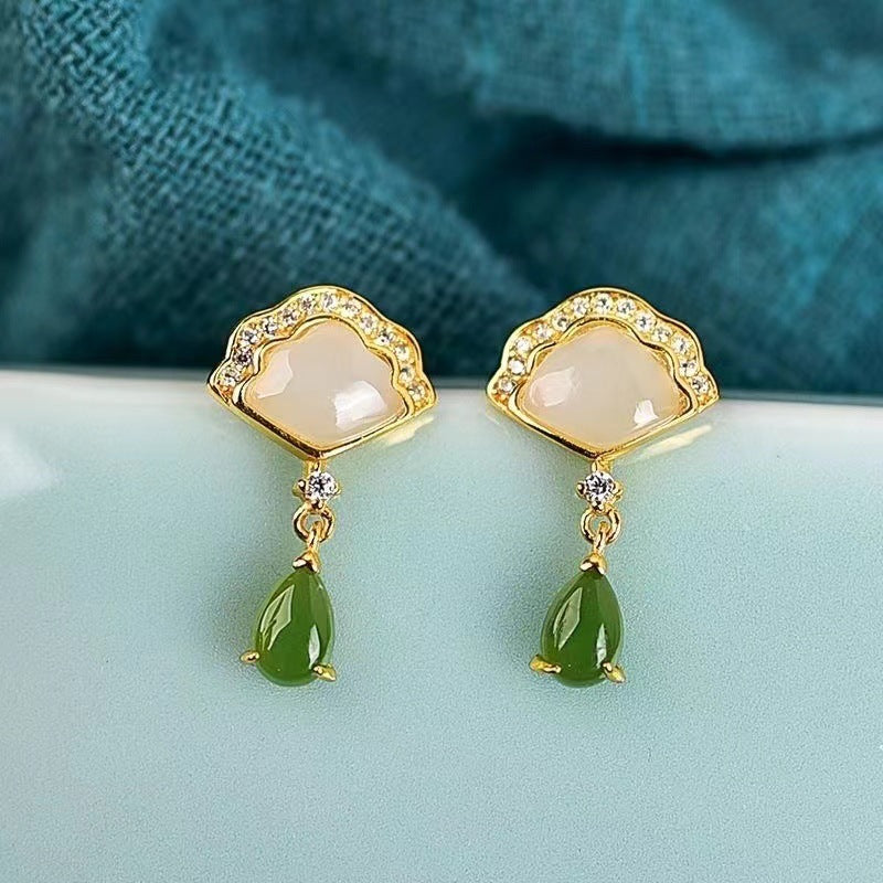 Court Style Eardrops Jade Fan Silver Plated Light Luxury Earrings