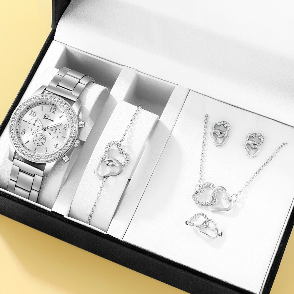 5PCs Steel Band Women's Casual Quartz Watch Set