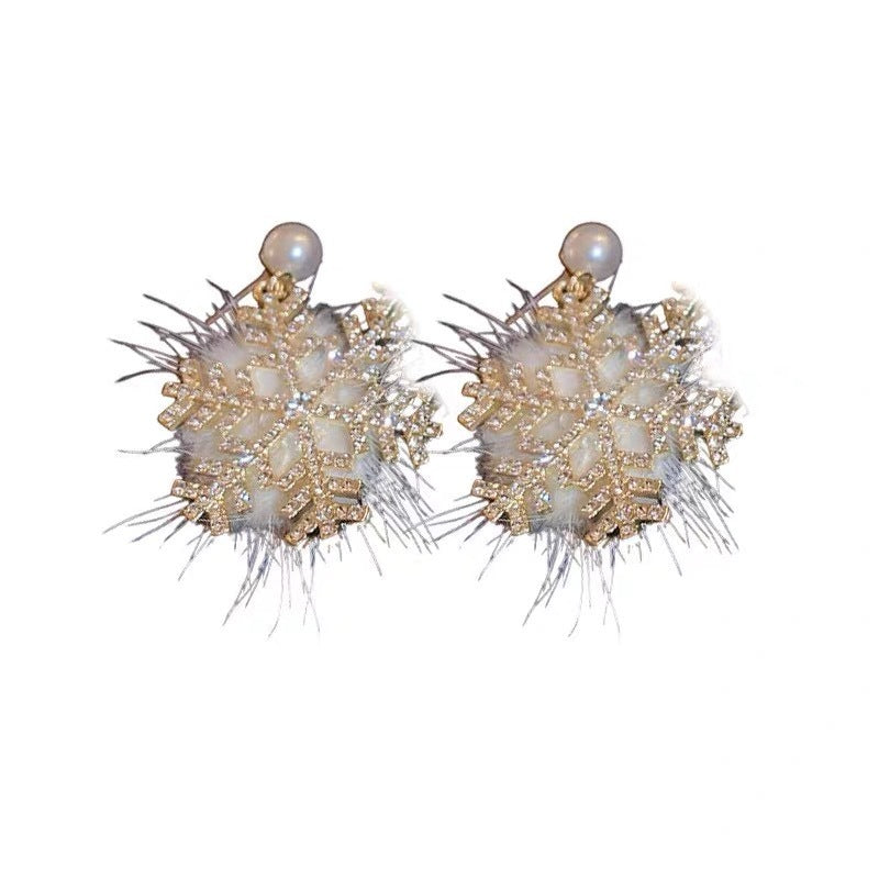 Christmas Snowflake Full Diamond Pearl Plush Earrings