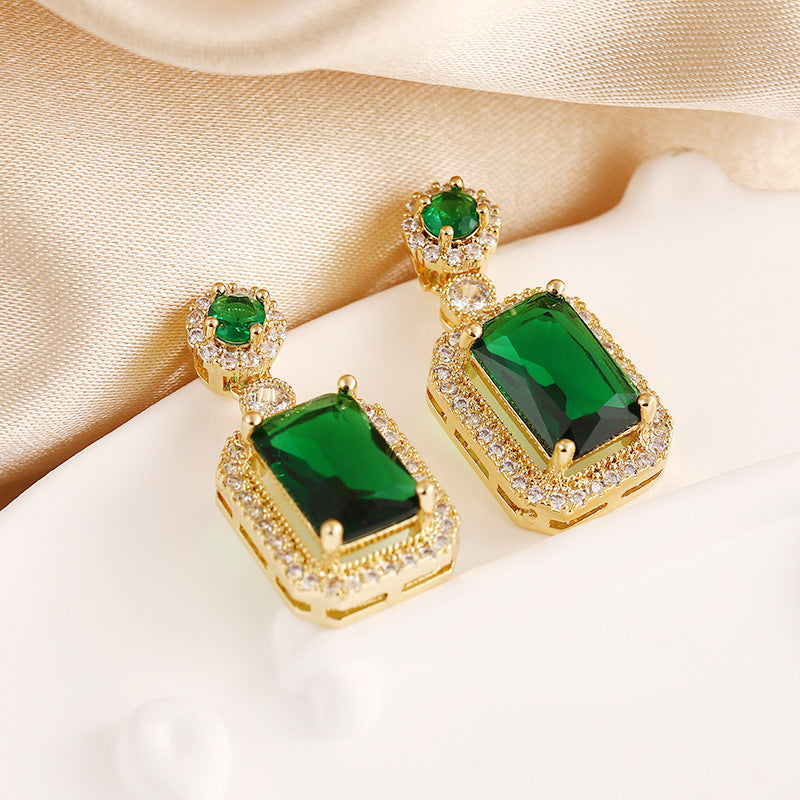 Rectangular Full Diamond Green Zircon Stud Earrings High-grade 925 Silver