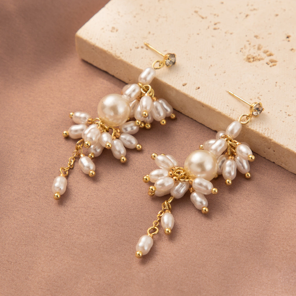 Pearl Stitching Copper Chain Eardrops Pearl Earrings