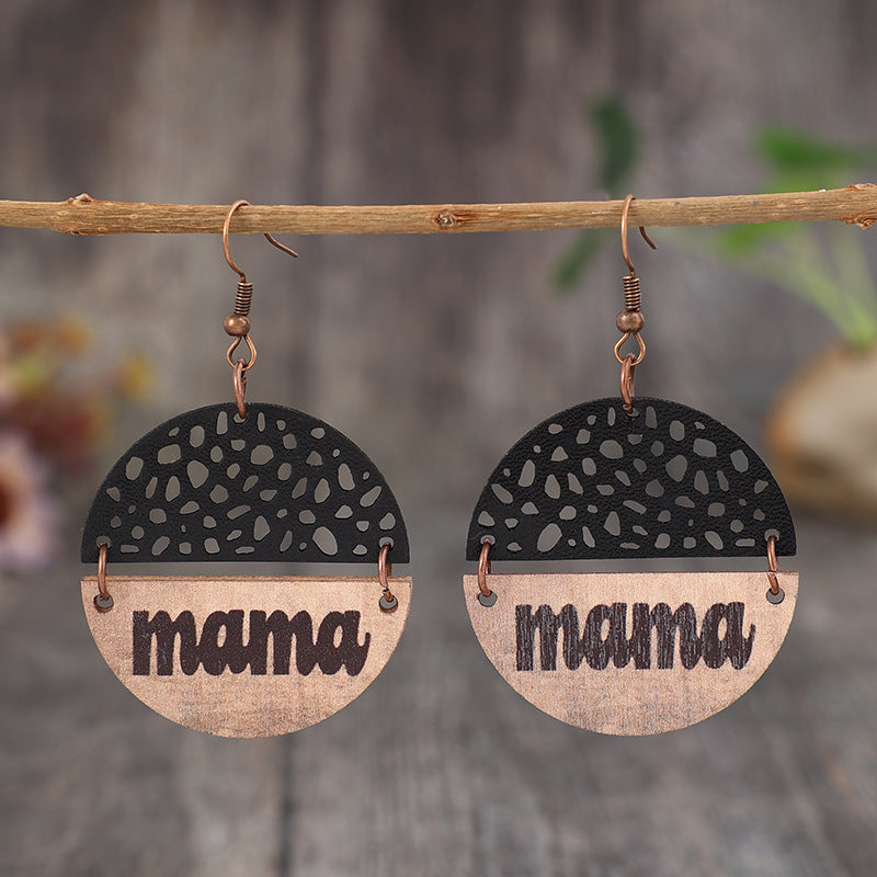 Mother's Day Retro Wood Piece Leather Alphabet Letter Earrings