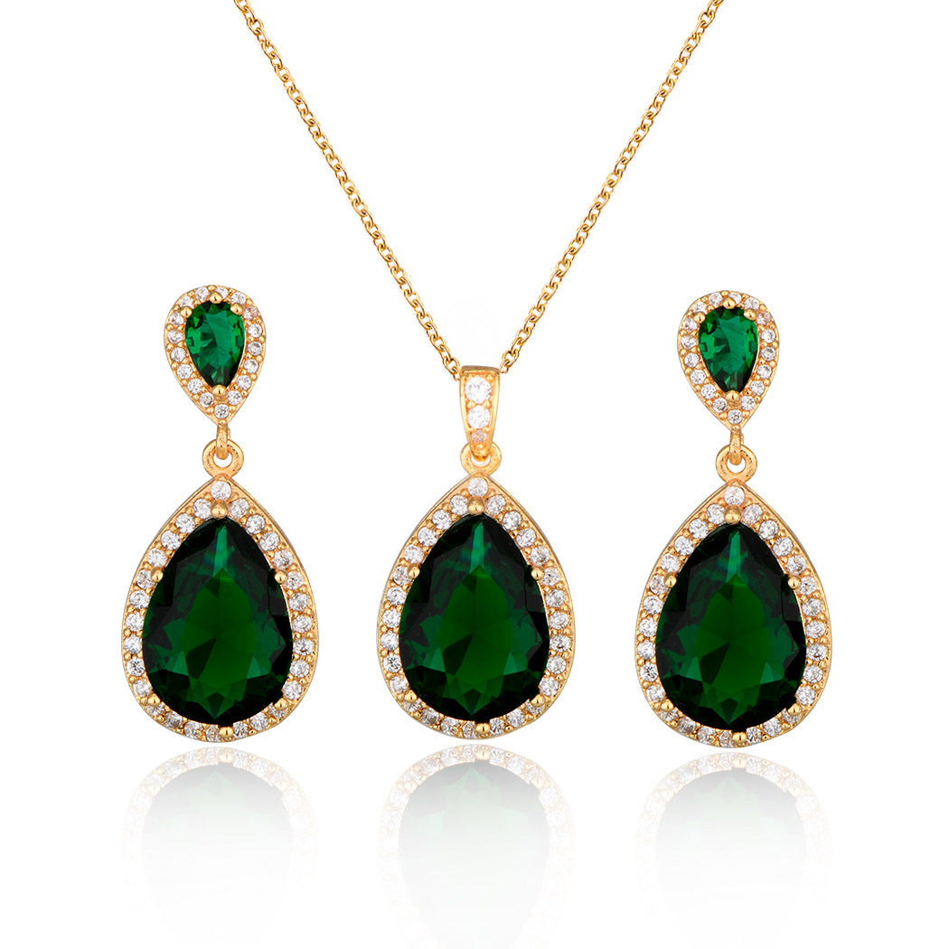 14k Bright Big Zircon Water Drops Necklace Eardrop Set