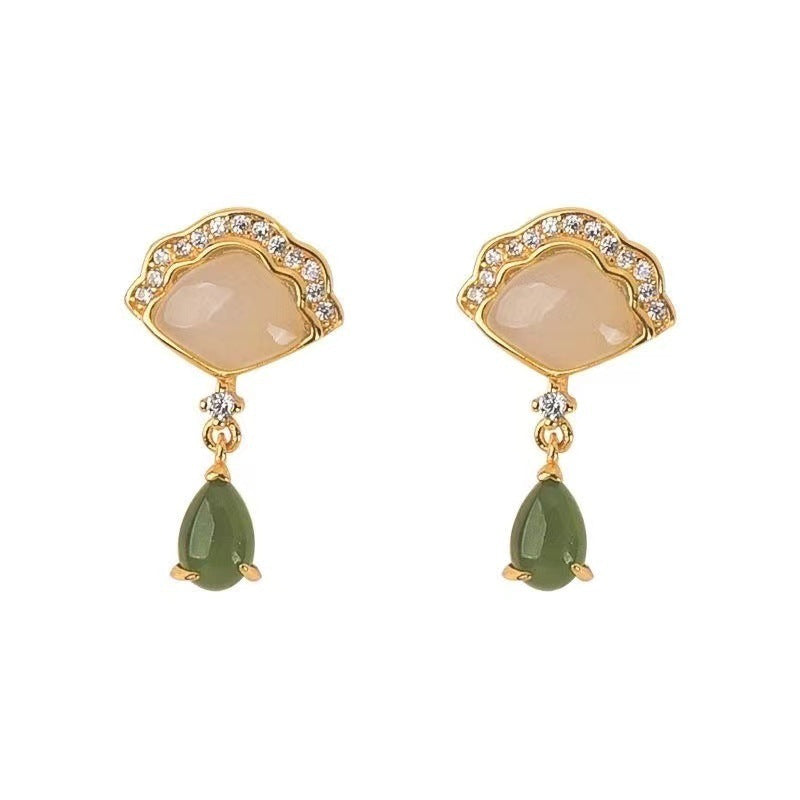 Court Style Eardrops Jade Fan Silver Plated Light Luxury Earrings
