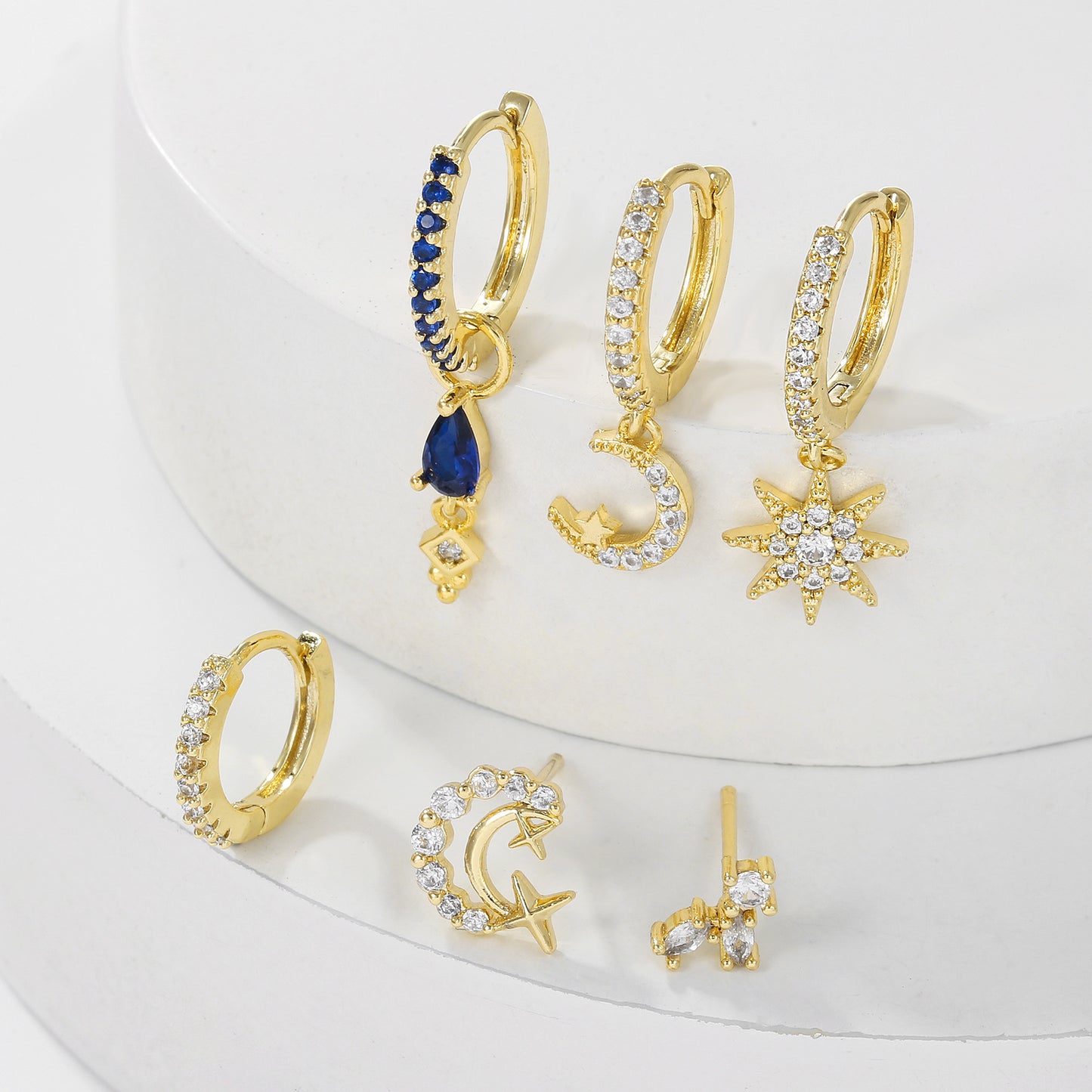 Awn Star Moon Asymmetric Full Diamond Earrings