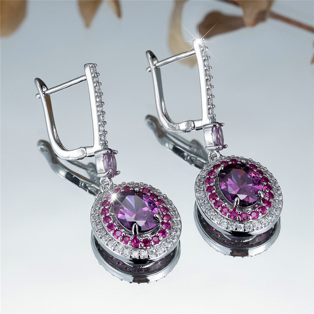 Lux Colored Gems Egg-shaped Main Stone Edge White Diamond Earrings