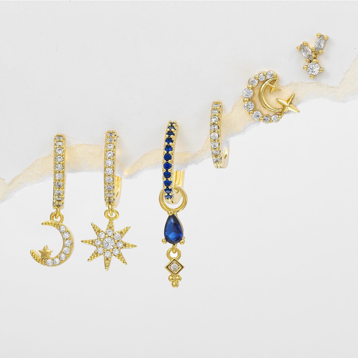 Awn Star Moon Asymmetric Full Diamond Earrings