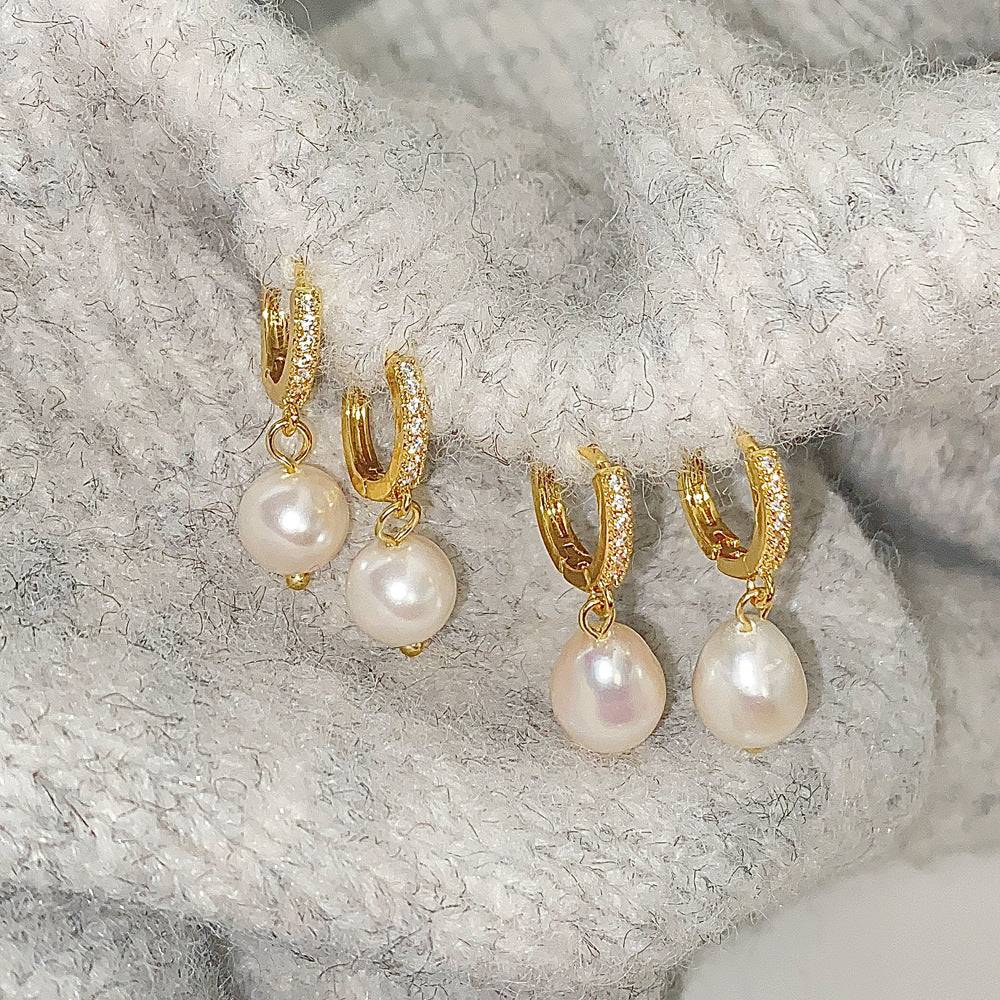 French Retro Shijia Pearl Micro Inlaid Zircon Ear Ring