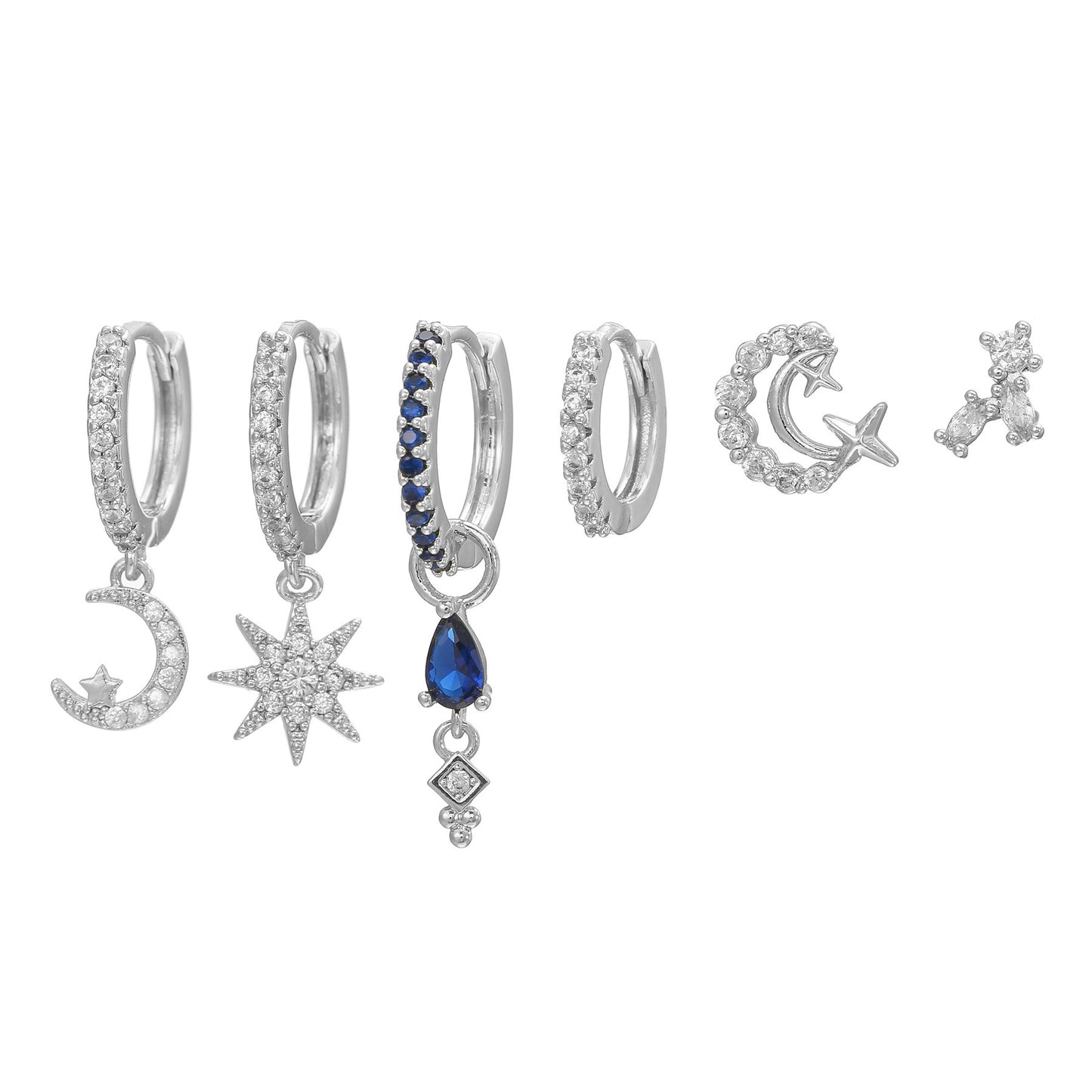 Awn Star Moon Asymmetric Full Diamond Earrings