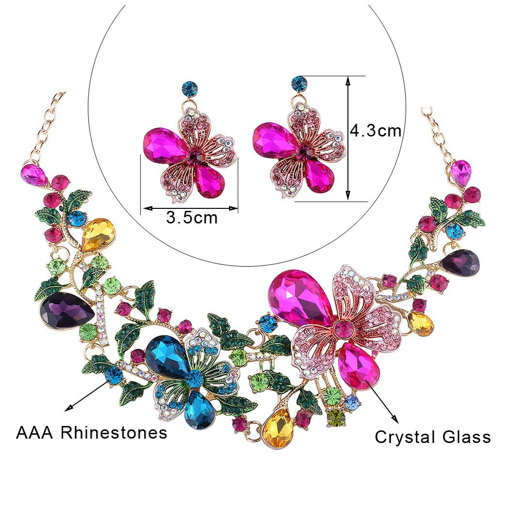 Luxury color flower crystal drill short clavicle Necklace Set