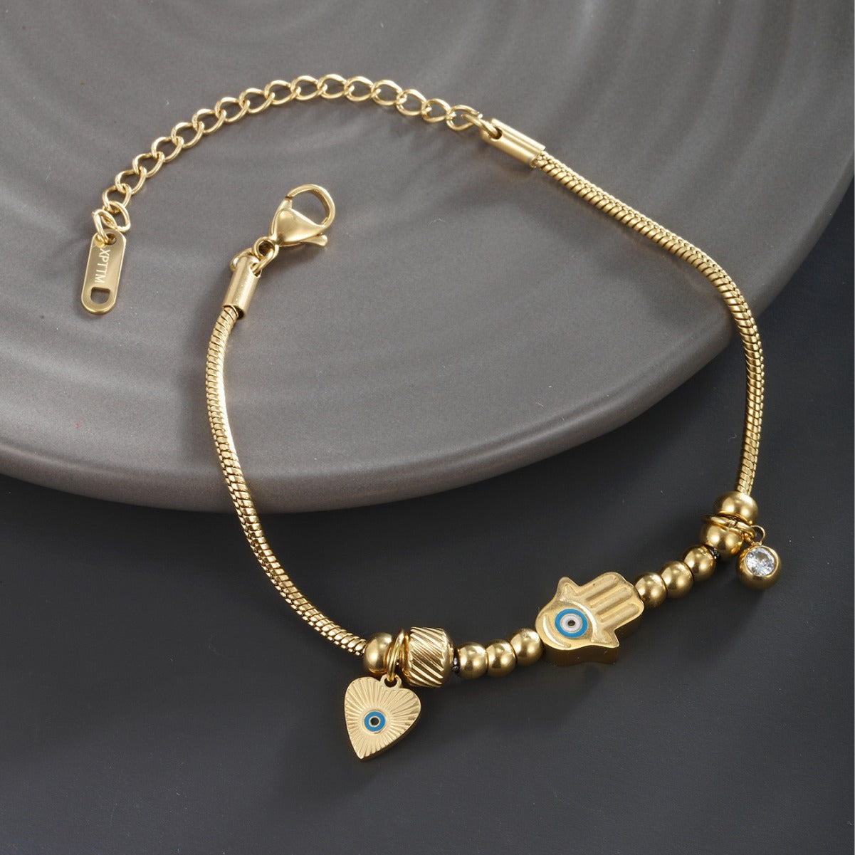 Creative Tassel Heart Round Snake Bones Chain Plated 14K Gold Bracelet