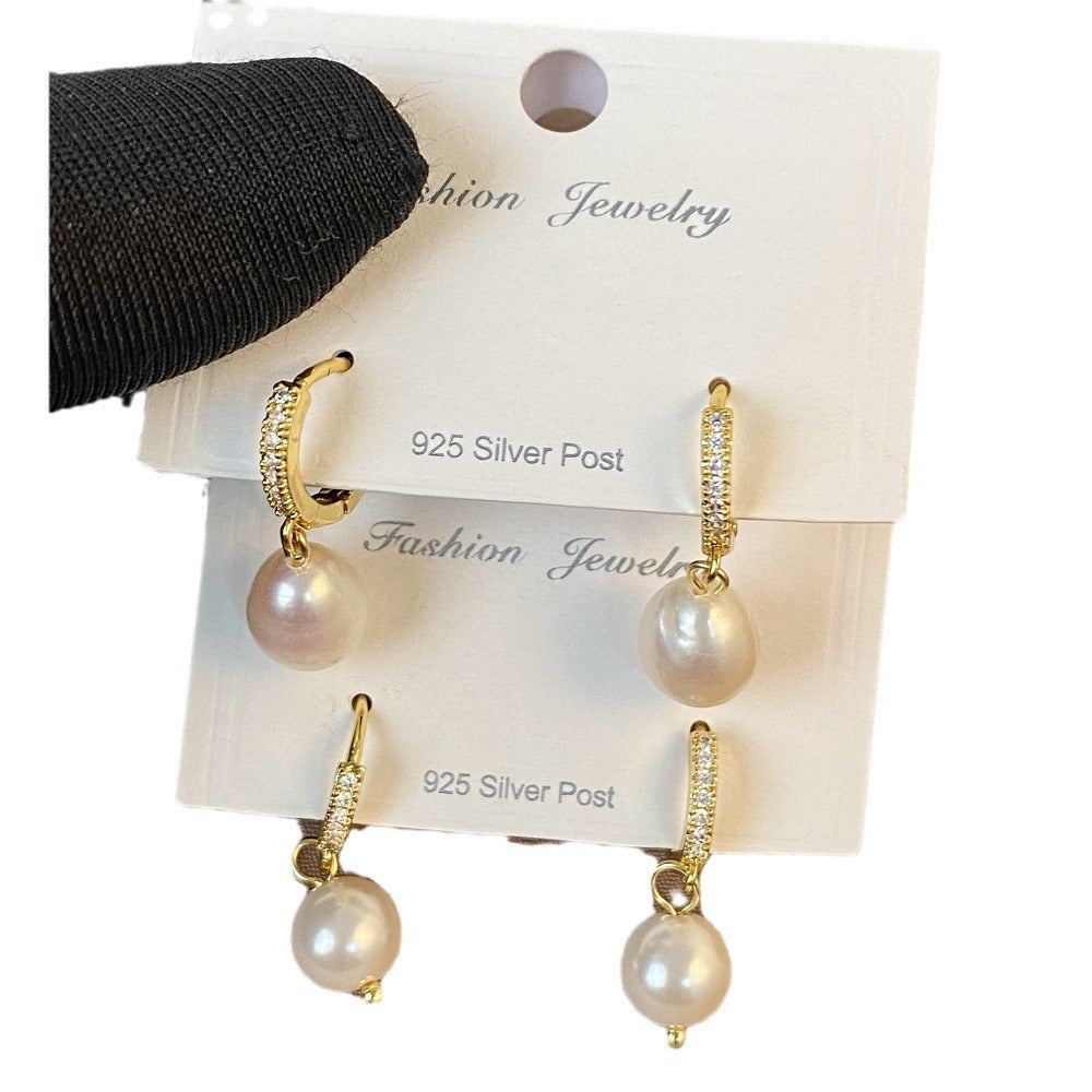 French Retro Shijia Pearl Micro Inlaid Zircon Ear Ring