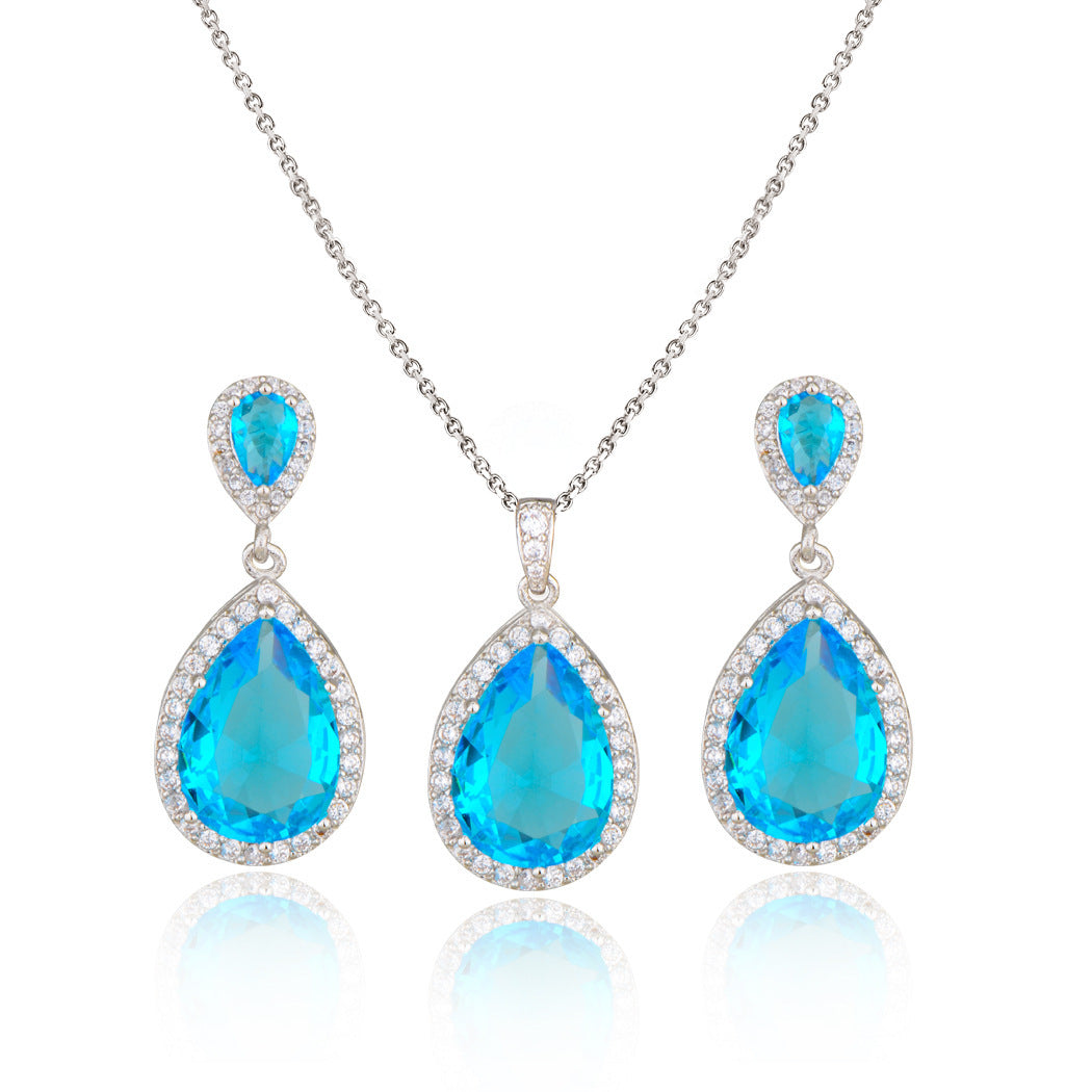 14k Bright Big Zircon Water Drops Necklace Eardrop Set