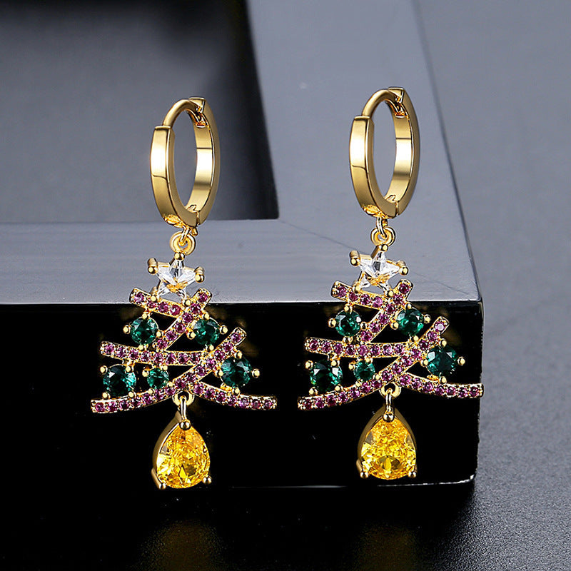 New Christmas Tree Earrings With Colorful Rhinestones Fashion Personality Shining Earrings