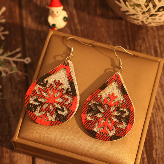 Double-Layer Silver Red Black Plaid Hollow Snowflake Leather Earrings