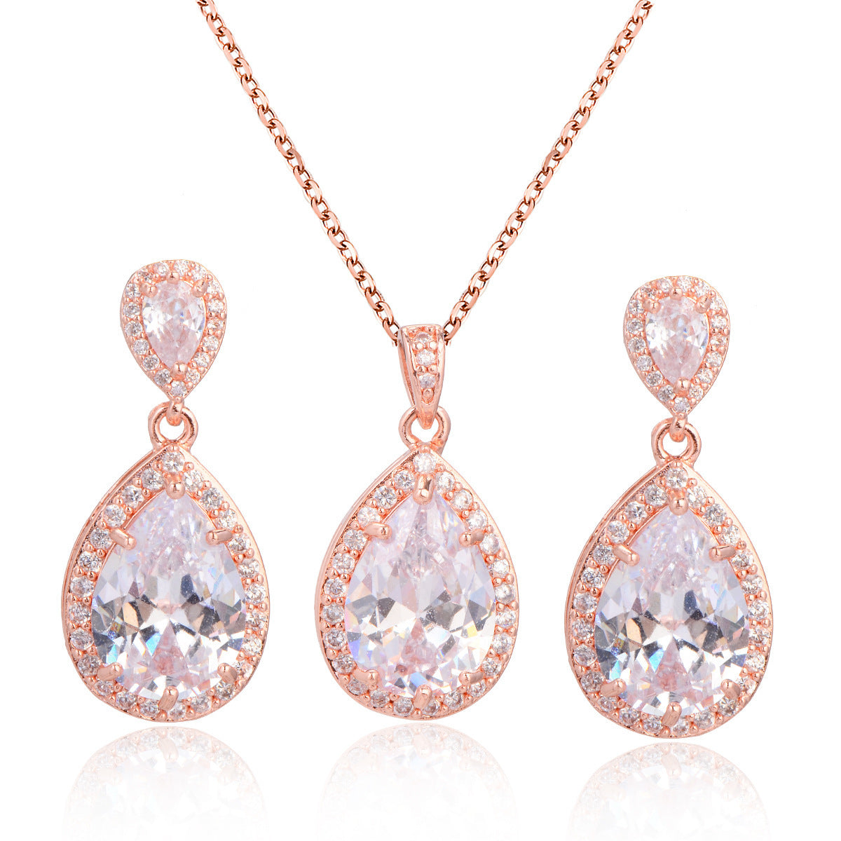 14k Bright Big Zircon Water Drops Necklace Eardrop Set