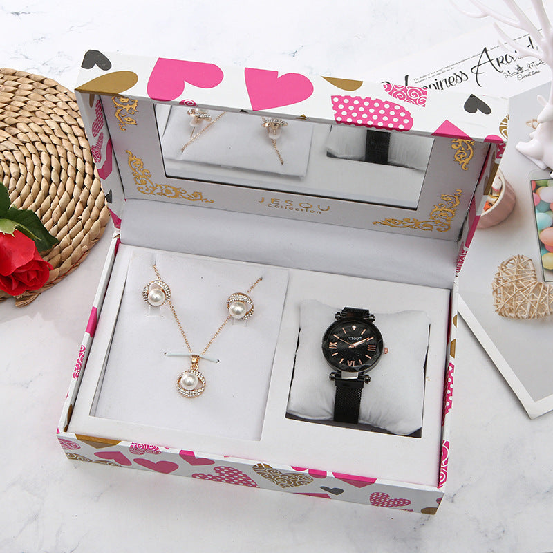 Three-piece Quartz Watch Necklace Stud Gift set