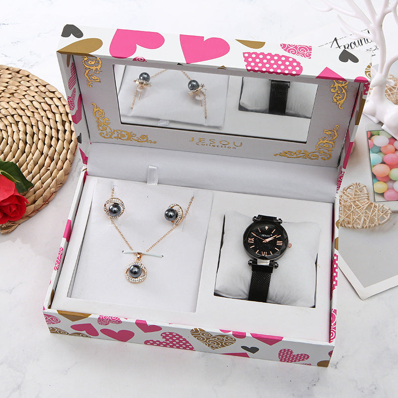 Three-piece Quartz Watch Necklace Stud Gift set