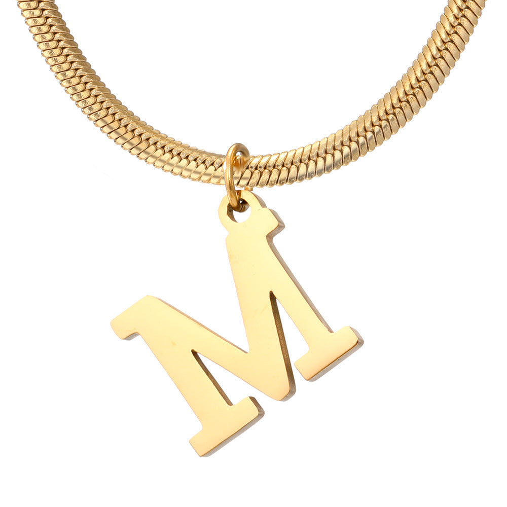 Stainless Steel 26 English Letter Pendant Flat Snake Bone Necklace