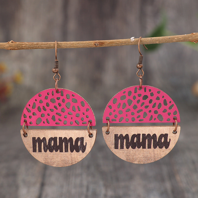 Mother's Day Retro Wood Piece Leather Alphabet Letter Earrings