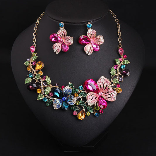 Luxury color flower crystal drill short clavicle Necklace Set