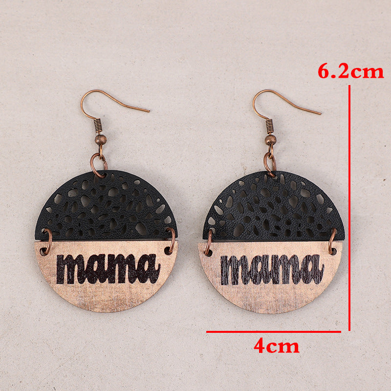 Mother's Day Retro Wood Piece Leather Alphabet Letter Earrings