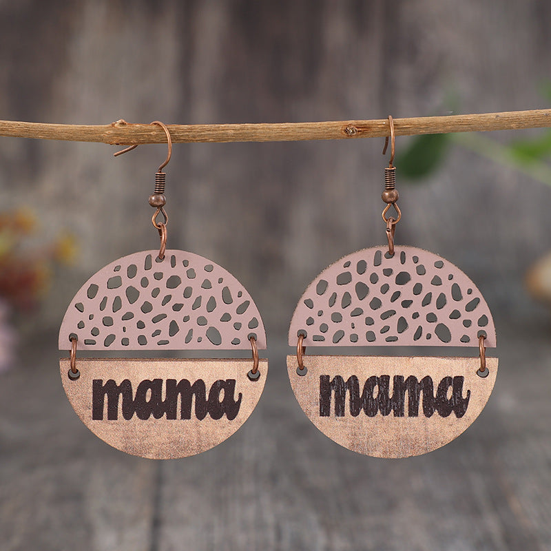 Mother's Day Retro Wood Piece Leather Alphabet Letter Earrings