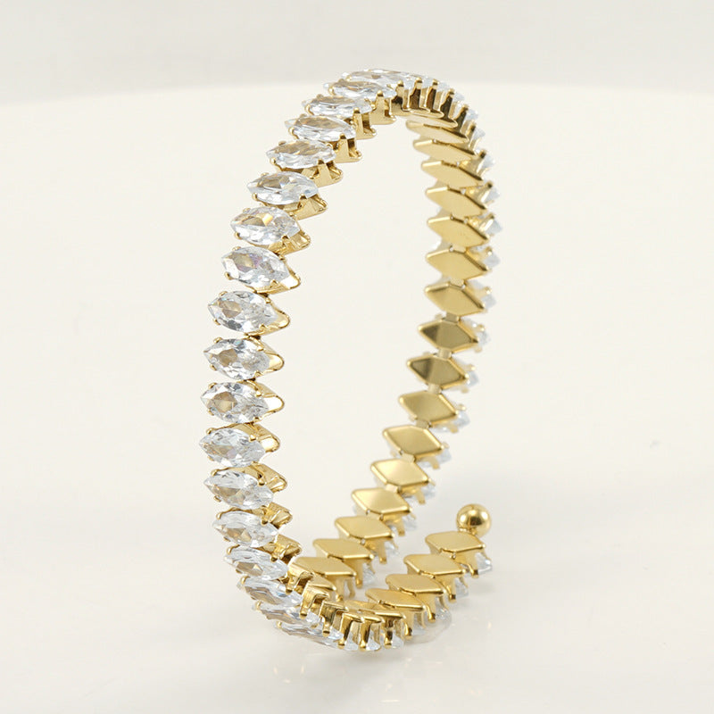 Stainless Steel Diamond-embedded Adjustable Open Bracelet