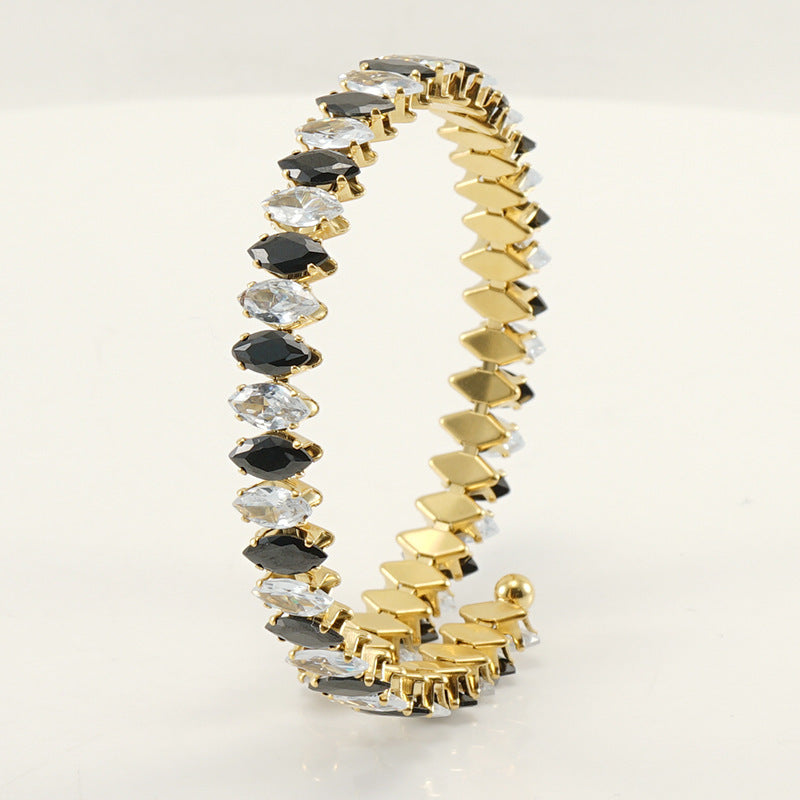 Stainless Steel Diamond-embedded Adjustable Open Bracelet