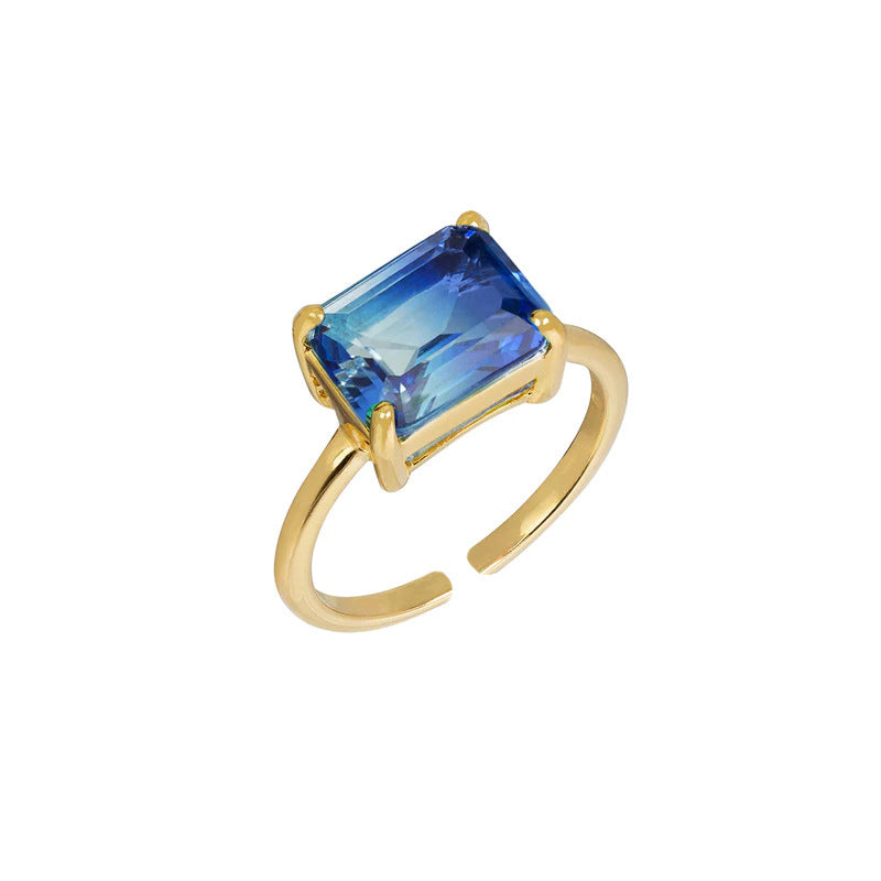 Gradient Color Square Large Zircon Ring Electroplated 18K Gold Open Copper Ring