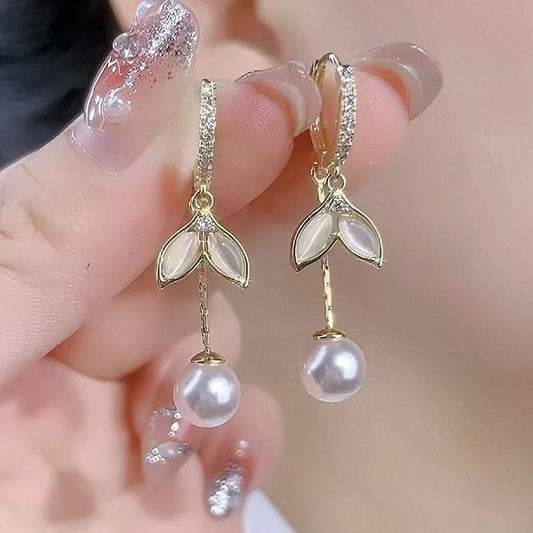 Opal Fishtail Pearl Tassel Earrings