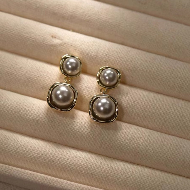 Graceful Metal Pearl Stud Earrings