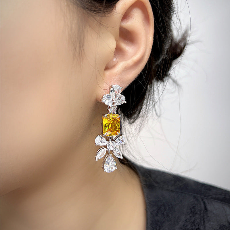 Yellow Diamond Earrings Female Creative Personality Inlaid Imported Zircon