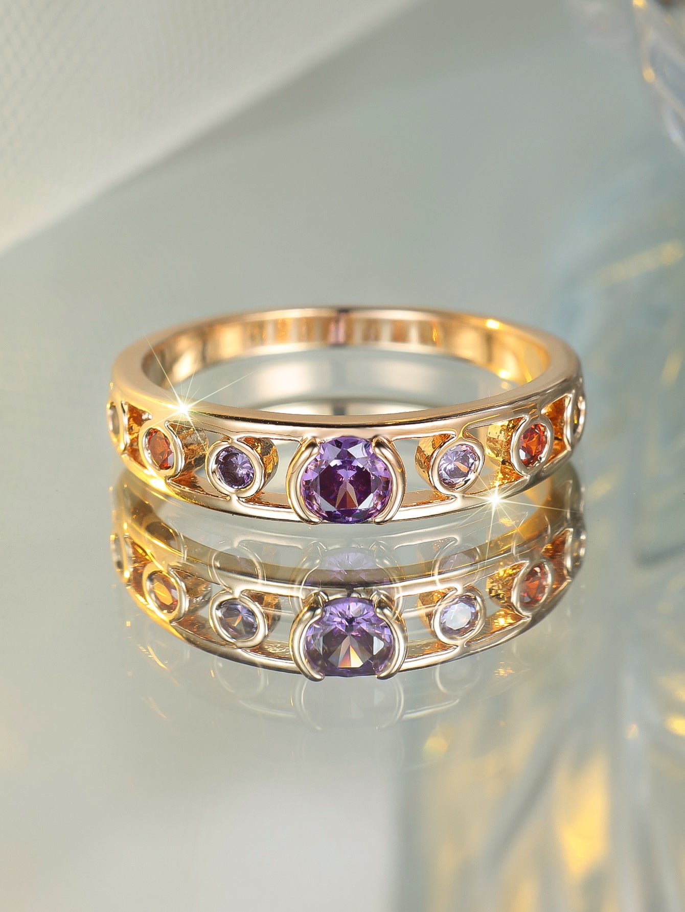 Champagne Gold Colorful Crystals Round Ring