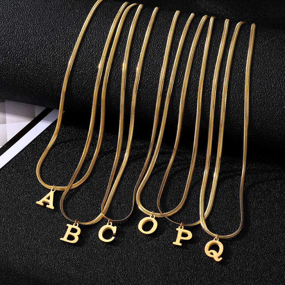 Stainless Steel 26 English Letter Pendant Flat Snake Bone Necklace