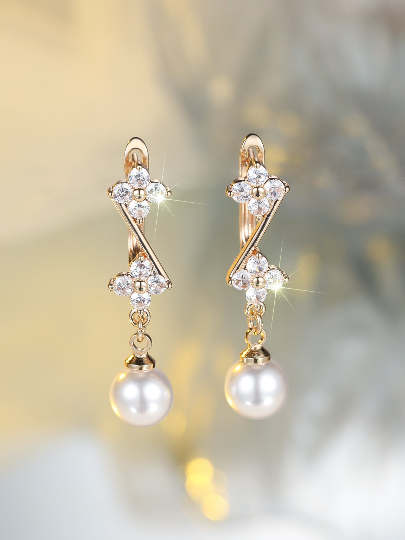 Champagne Gold Round White Diamond Tassel Earrings