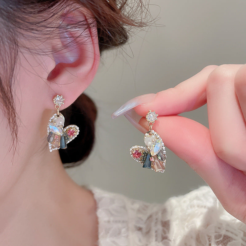 Silver Artificial Crystal Love Heart Earrings