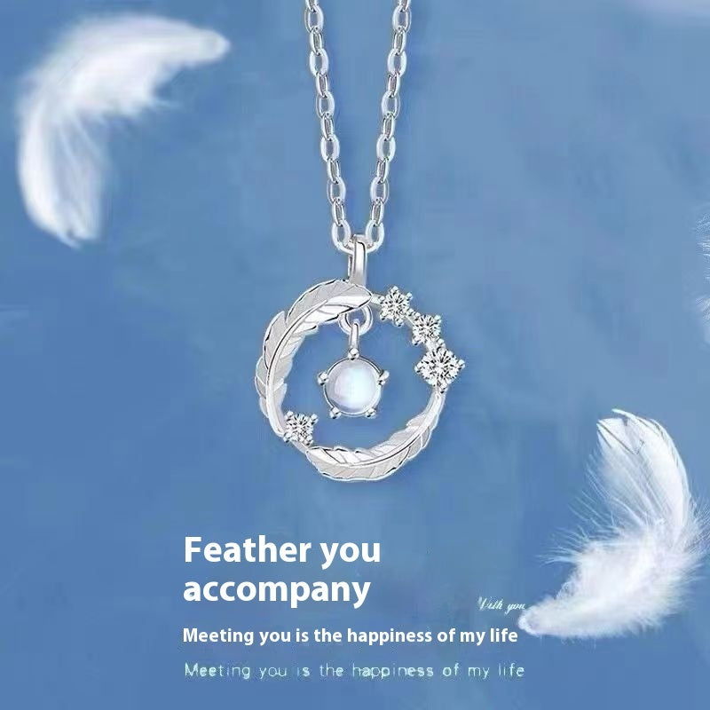 Silver Plated Delicate Feather Moonstone Necklace