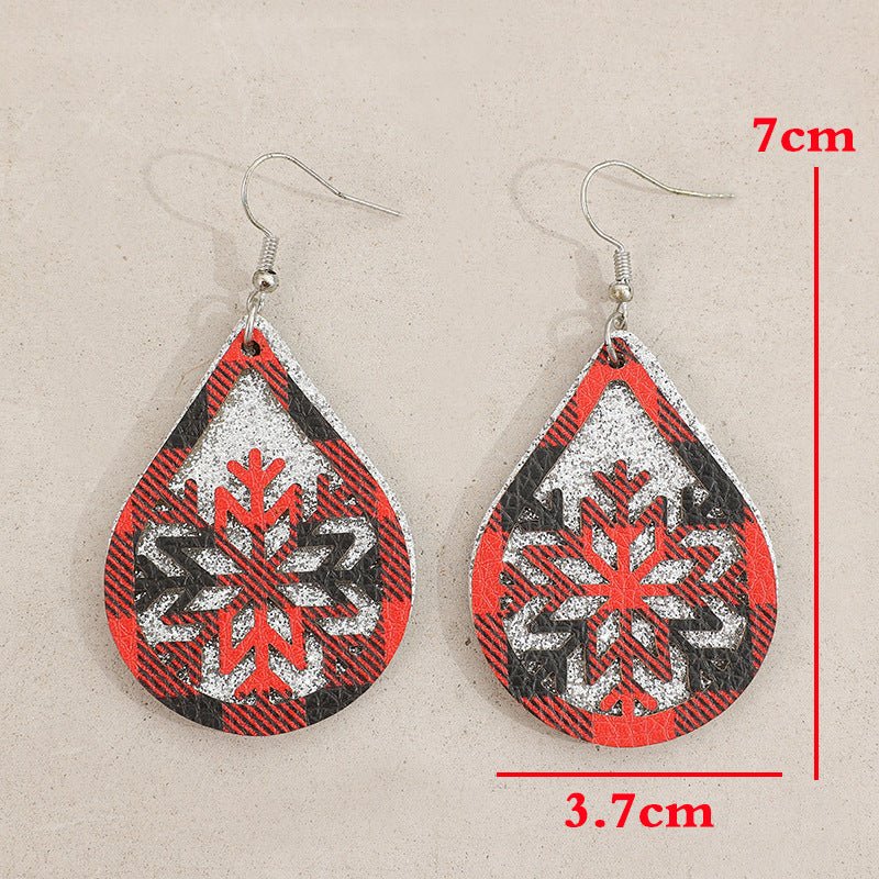 Double-Layer Silver Red Black Plaid Hollow Snowflake Leather Earrings