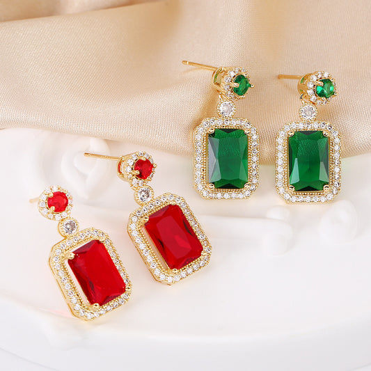 Rectangular Full Diamond Green Zircon Stud Earrings High-grade 925 Silver