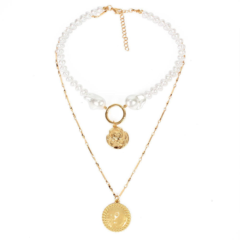 Gold Queen Coin Card Neck Beaded Shaped Pearl Multi-layer Necklace For Women