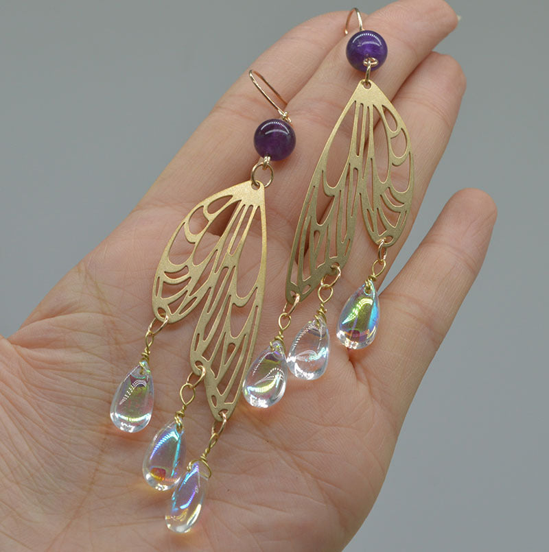 Wings Butterfly Moon Accessories Amethyst Handmade Earrings